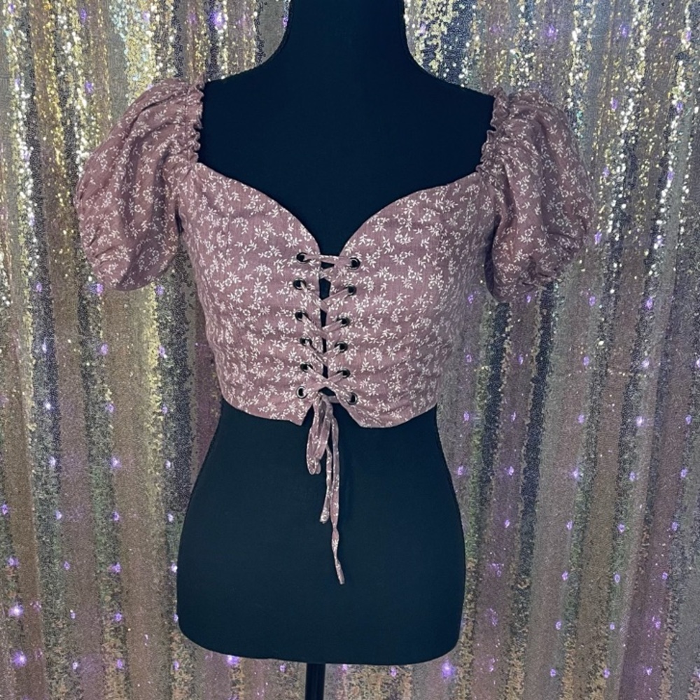 Floral Lace-Up Puff Sleeve Top cottage femme